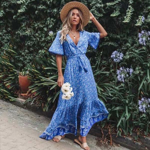 

урожай печати макси платье талия галстук сборки хем boho платья женщины пляж длинные платья v шеи с коротким рукавом летнее платье 2020, Black;gray
