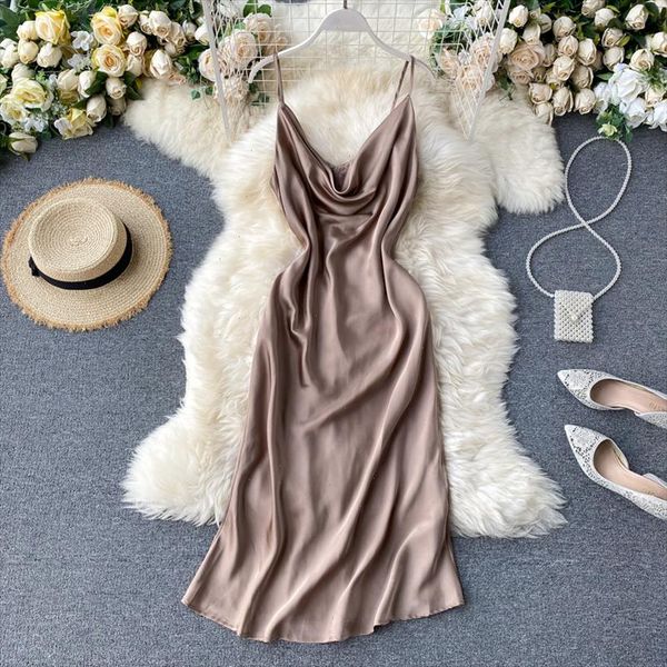 

women satin strap dress summer v neck backless midi long dress off shoulder sleeveless a line dress french style, Black;gray