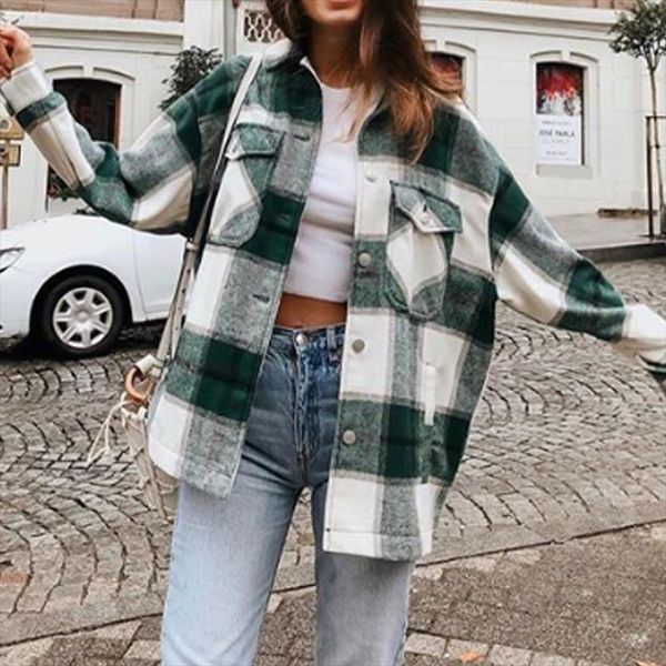 

winter green plaid пальто куртки женщина streetwear длинных leeve толстая шерсть пальто мода карманных крупногабаритный отворот осень рубашк, Black
