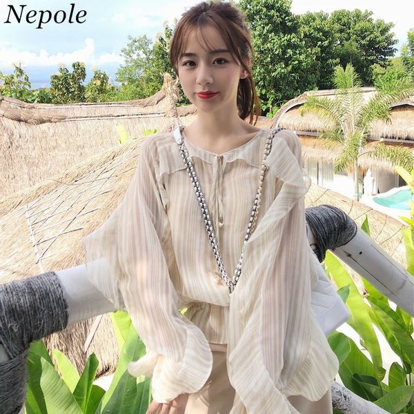 

neploe mesh ruffles women solid blusas flare sleeves see through grace shirts summer elegant casual blouse 80091 y200622, White
