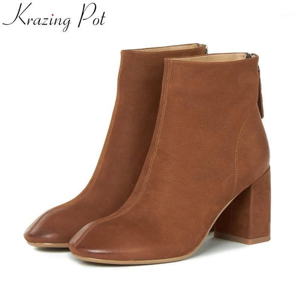 

krazing pot 2020 cow leather zipper round toe keep warm winter shoes vintage concise mature office lady women ankle boots l2f11, Black