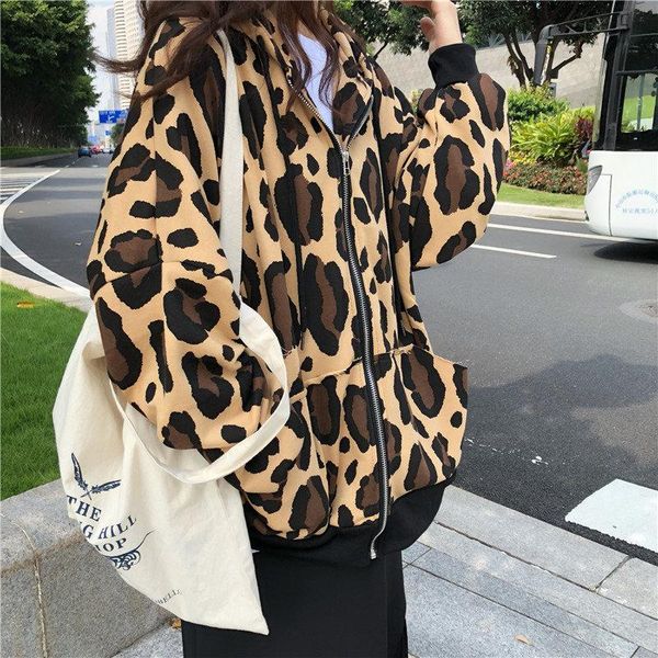 

hzirip harajuku fashion autumn leopard zipper ulzzang chic loose female sweet fresh outerwear stylish all-match casual coat, Black;brown