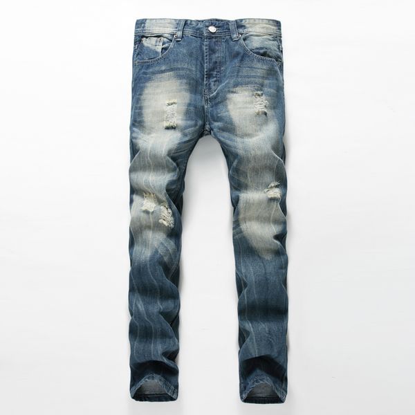 

arrival fashion designer jean mens brand destroyed jeans washed hole straight for men cotton casual denim pants, Blue
