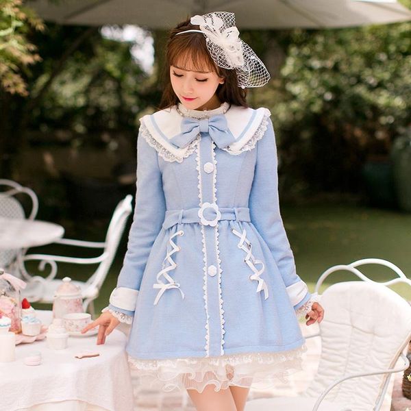 

women's jackets princess sweet blue woolen coat candy rain belt bandage lace brow decoration single breasted japanese design c16cd6186, Black;brown
