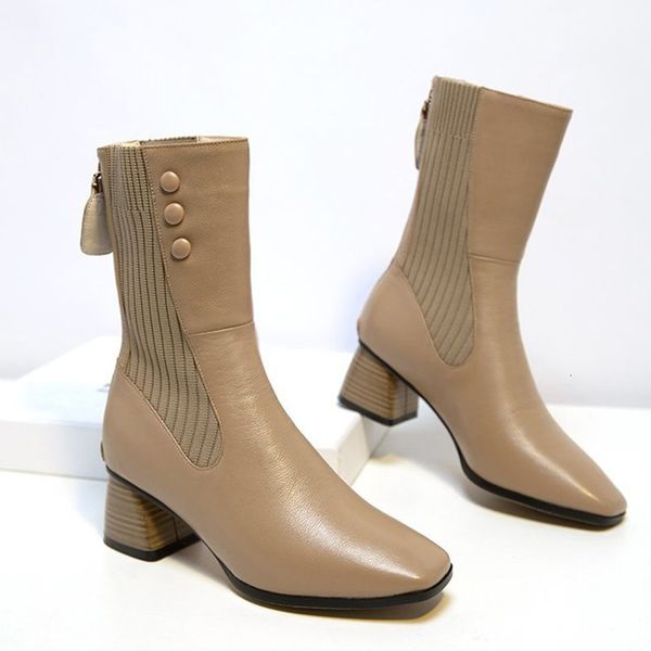 

2021 women ankle boots pu leather shoes autumn winter low heels fashion square toe new woman footwear botas msjc, Black
