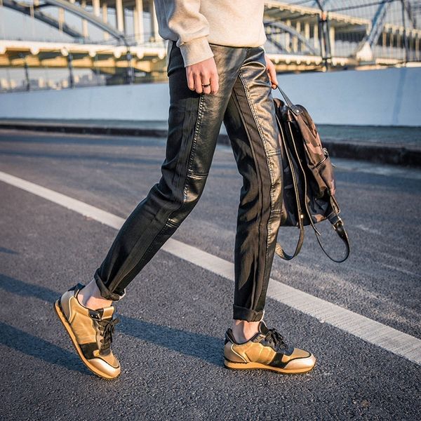 

new casual men's personality handsome boys jeans stitching leather pants k60, Blue