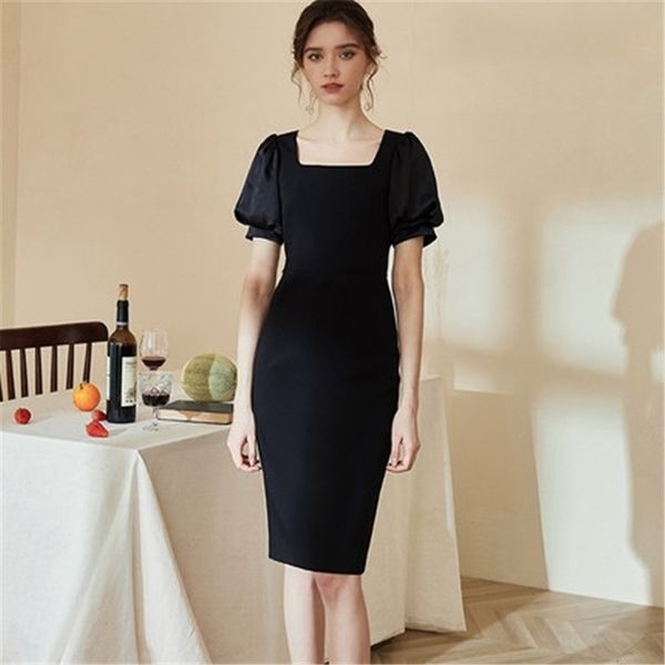 

ch5u1 luoyi dresslantern collar solid 2020 summer dress square 01882 dress dresslantern new sleeve slim fairy skirt elegant otud6, Black;gray