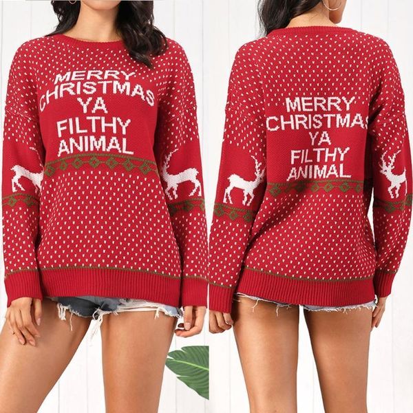 

christmas sweater women christmas elk red o-neck pullover long sleeve sweater ladies casual red gift1, White;black