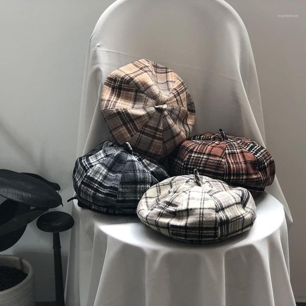 

plaid beret 2020 autumn new korean sweet cute woolen warm painter hat1, Blue;gray