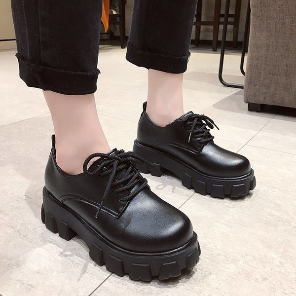 

2021 the new black leather platform oxfords for toe round lace up to woman's woman warm winter teddy shoes 099d