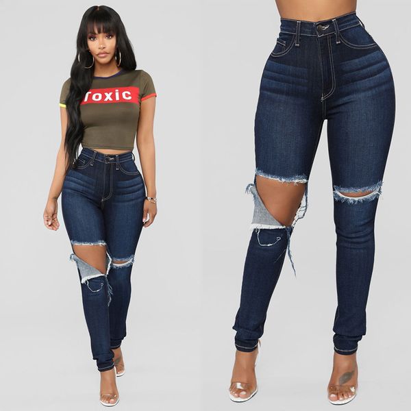 

1x europe and america big hole slim fit leggings skinny jeans womens jeans good quality jeans wholesale wholesale custom, Blue