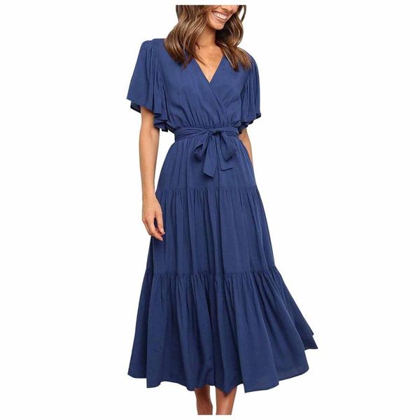 

10 colors women big dress 2021 spring summer fashion v-neck boho dresses vestidos long sleeve midi dress for women#3, Black;gray
