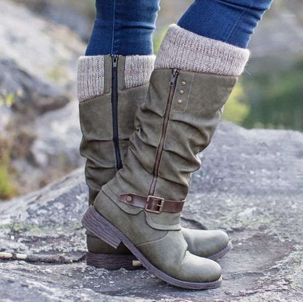 

knee women high boots big size chunky low heels shoes booties vintage pu leather gladiator knight warm shoe botas mujer1, Black