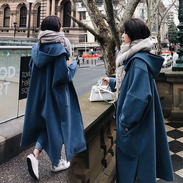 

2020 new fashion long wool coat female korean winter hooded windbreaker women loose woolen cloak trench coat overcoats lj201106, Black