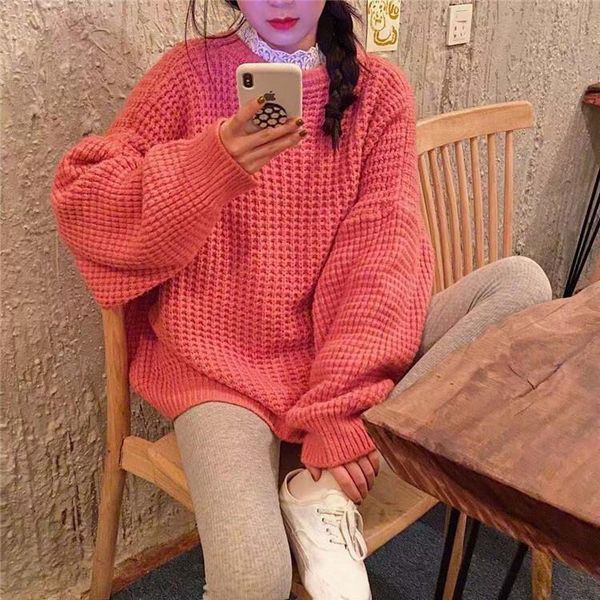 

2021 new lazy wind loose oversize around the neck female student thick solid senior tide sweater 1 2vcp, White;black