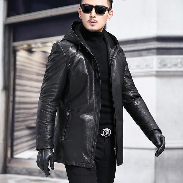 

2020 new men's genuine leather jacket hooded vintage 100% sheepskin coat autumn winter real leather jackets 135-1 j3118, Black