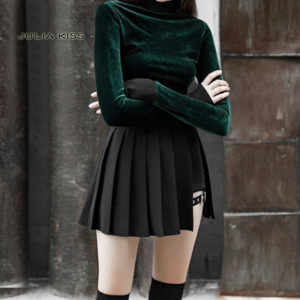 

women pleated mini skort with thigh belt punk style skort, Black