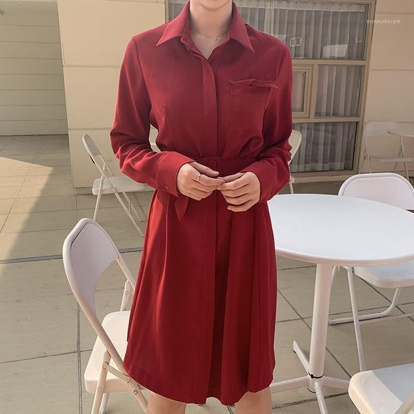 

casual dresses mazefeng 2021 spring summer women turn-down collar single-breasted sashes pocket lady red dresses1, Black;gray