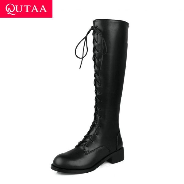 

qutaa 2021 pu leather knee high boots square heel lace up zipper long boots casual round toe autumn winter women shoes size34-43, Black