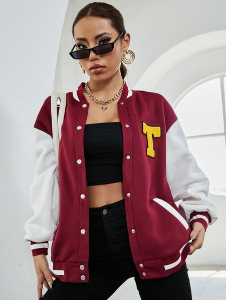 

letter patch detail drop shoulder two tone bomber jacket 60pa#, Black;brown