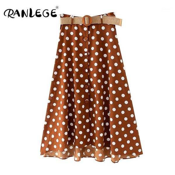 

2020 summer women polka dot print skirt with belt button high waist loose midi skirt female fashion beach skirts lady jupe femme1, Black