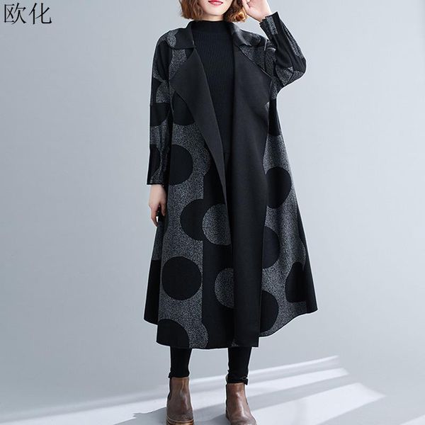 

plus size 4xl 5xl 6xl woolen coat women oversize ladies polka dot jacket female autumn vintage long cardigan jacket woolen coats, Black