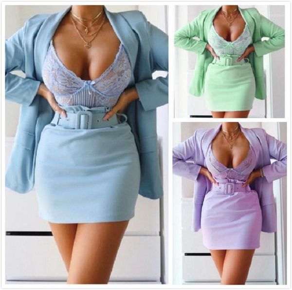

hirigin women long sleeve blazer skirt suit open stitch jacket coats office lady high waist short mini pencil skirt 20201, White