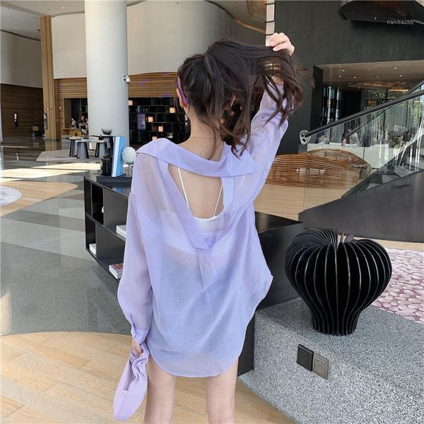 

women's clothing fashion beach chiffon solid long sleeve blouses perspective sunscreen backless shirts new spring summer1, White