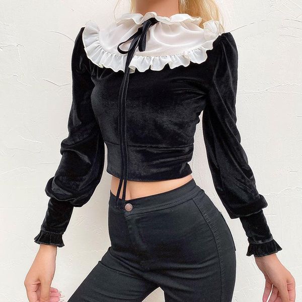 

women's blouses & shirts 2021 autumn and winter women shirt vogue royal court lotus leaf hit color bow velvet commute ladies blouse hi, White