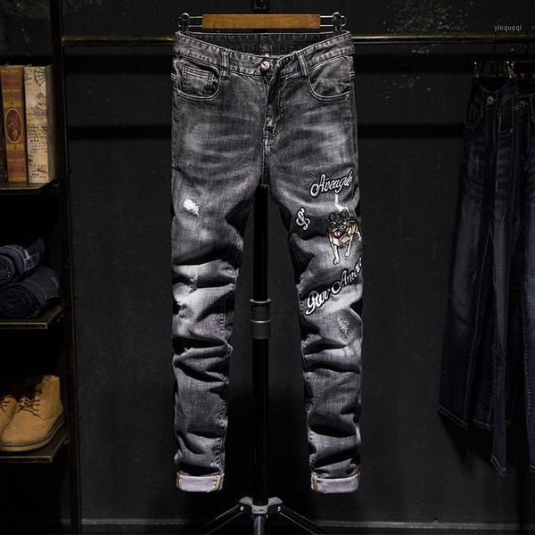 

new men's jeans biker moto jeans slim fit straight denim pants distressed trousers hip hop1, Blue
