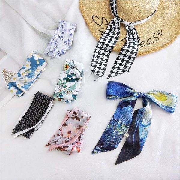 

2020 new designer silk satin hair scarf wrap headband women floral houndstooth print bag handle purse scarfs neckerchief bandana, Blue;gray