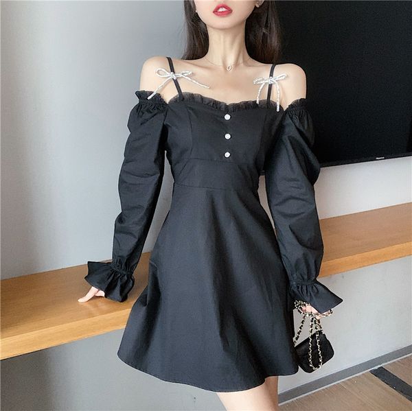 

2021 new preto vestido festa manga longa com decote em okub, Black;gray