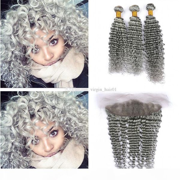

russian deep wave grey lace frontal closure with bundles human hair wave sliver grey hair weaves with full lace frontal 4pcs lot, Black;brown