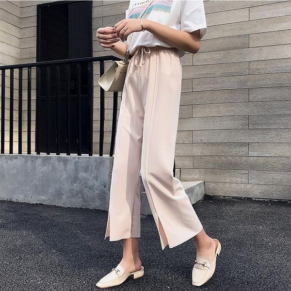 

chiffon wide leg solid color pants women elastic high waist trousers spring autumn loose straight pants plus size casual trouser1, Black;white