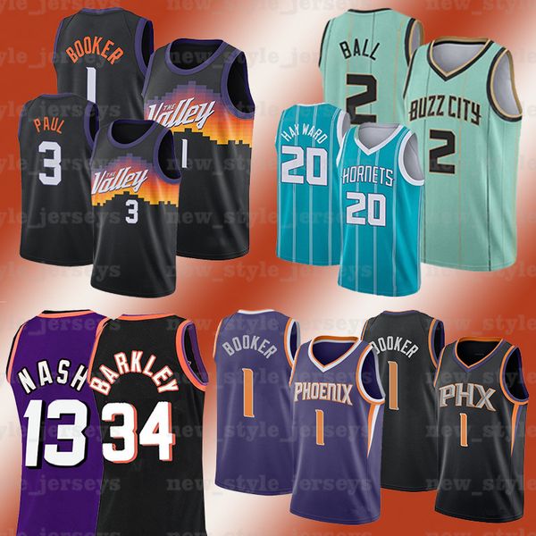 

men5 lamelo 20 gordon booker ball hayward 1 devin 34 charles 13 steve barkley nash phoenix suns charlotte hornets jersey, Black;red