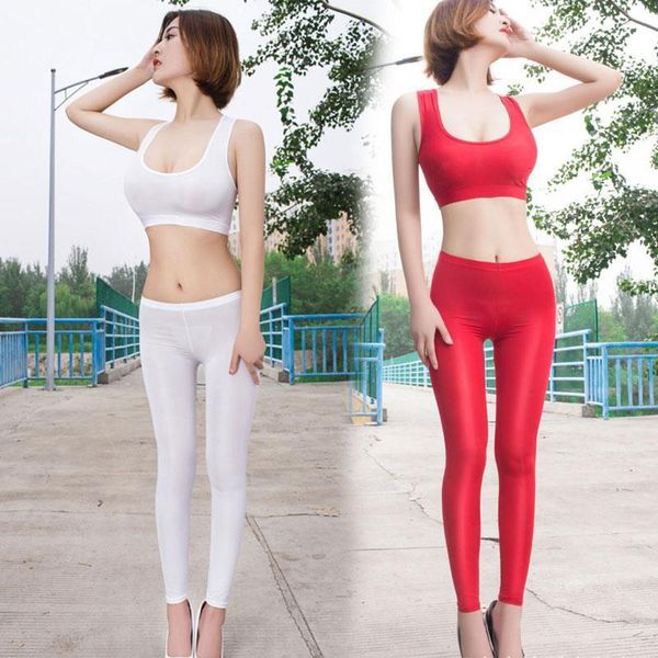 

women ice silk smooth transparent pencil pants candy color see through elastic skinny leggings glossy low waist pants plus size, Black