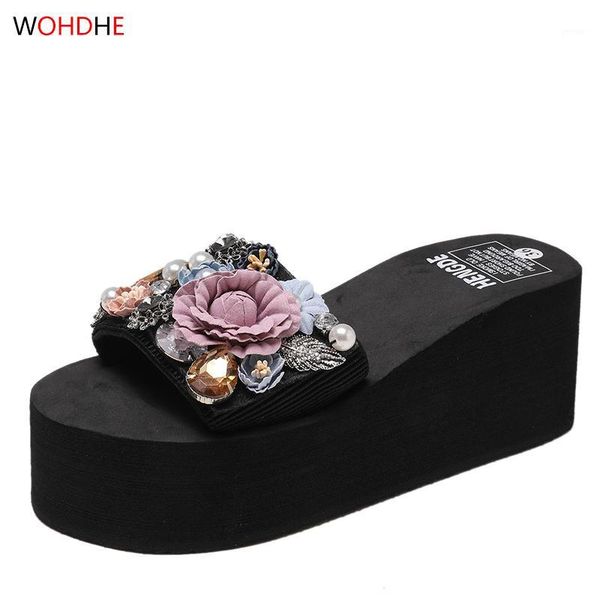 

slippers wohdhe 7cm handmade flower crystals elastic fabric slides women flip flops beach shales platform 2021 1, Black