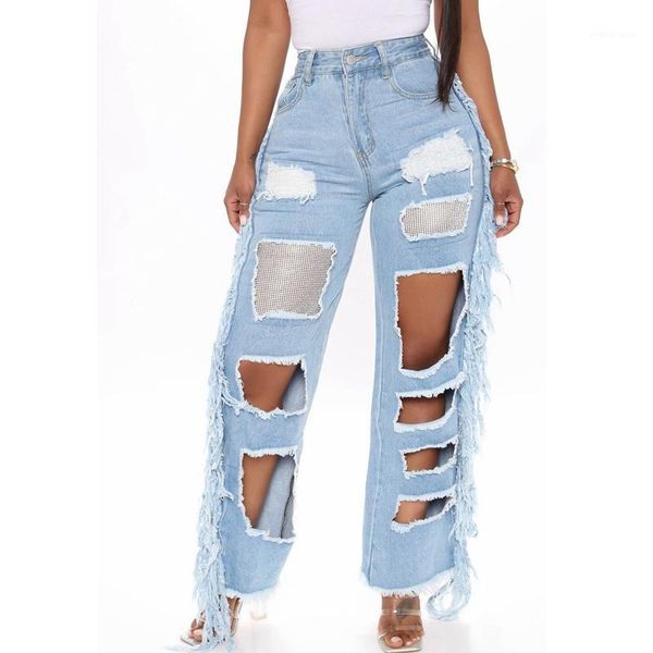 

lugentolo hole jeans woman high waist tassel straight light-colored ripped washed 2020 autumn new fashion plus size jeans1, Blue