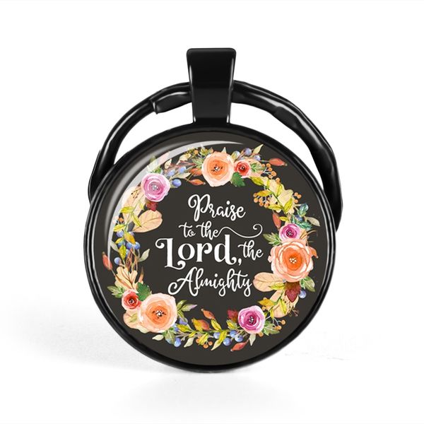 

creative black bottom flower pattern keychain glass round key chain quote pendant bag accessories fashion jewelry, Slivery;golden