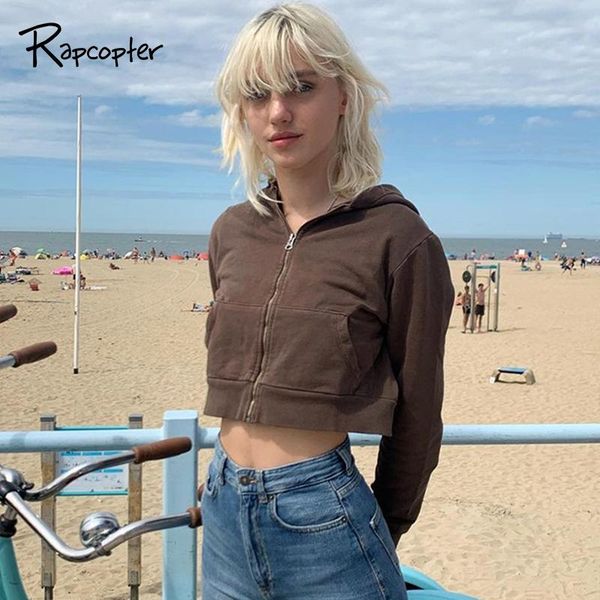 

rapcopter brown harajuku jackets y2k long sleeve crop zipper hoodies pockets thin coat women preppy style outfits sporty 90s, Black;brown