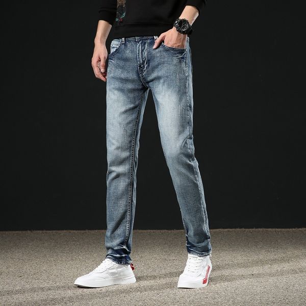 

autumn and winter 2020 new men's elastic slim small straight jeans for men, Blue