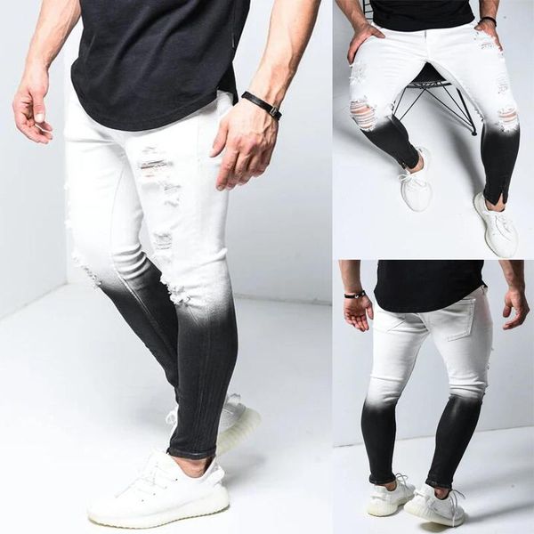 

gradient color ripped skinny jeans men casual stretch slim fit pants homme brand motor biker hip hop zipper denim trousers, Blue