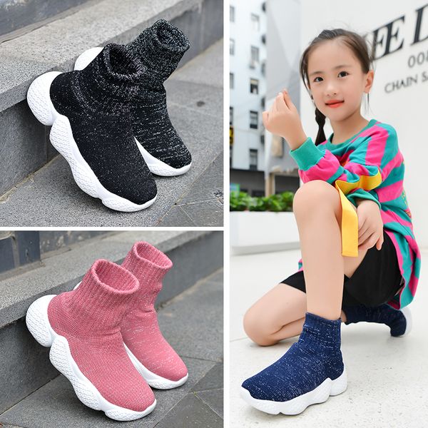 

children casual boys girls sneakers child high elastic foot wrapping snow boots kids knitted socks shoes, Black;red