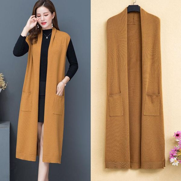 

women autumn winter long plus size knitted vest female solid sleeveless sweater cardigans ladies korean style wasitcoat z145, White