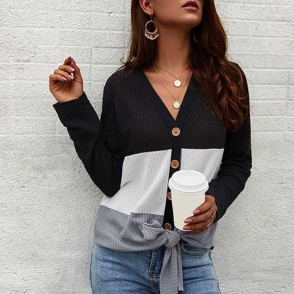 

women knitted new button v-neck sweater women lace-up spring autumn contrast color knitted pullover slim soft sweater female 1, White;black