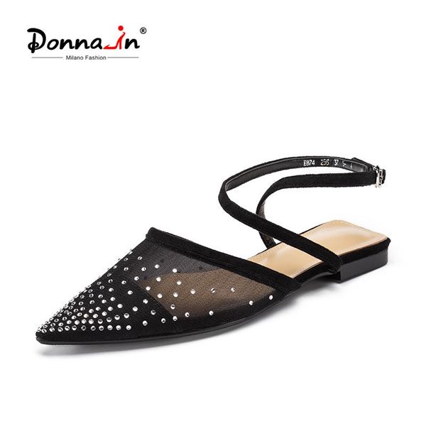 

sandals donna-in 2021 mesh rhinestone women shoes flat half drag fashion genuine leather summer footwear buckle, Black