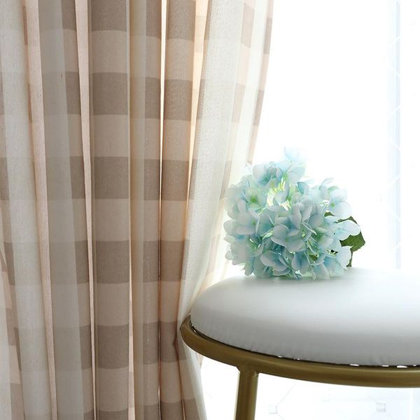 

pastoral curtains coffee color pink plaid polyester cotton printed curtains for living dining room bedroom