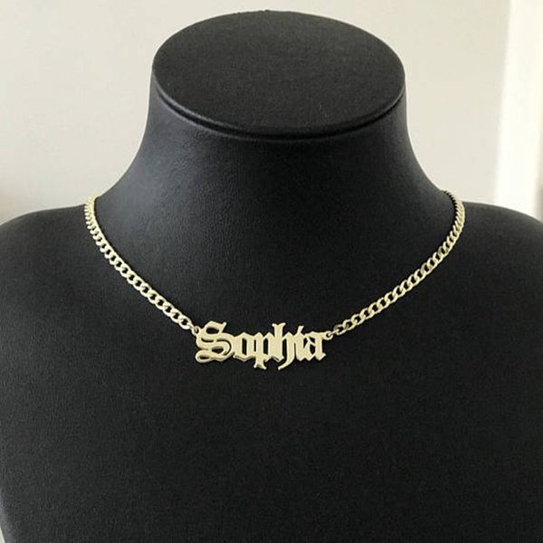 

gold silver curb chain choker custom name pendant necklace personalized jewelry christmas gift old english font long necklaces