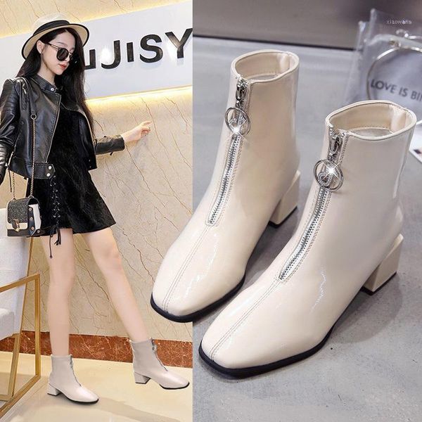 

front zipper boots women's short boots popular 2020 new women's shoes autumn and winter high-heeled thick-heeled1, Black