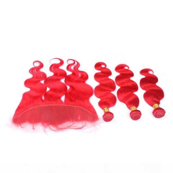 

red color virgin peruvian human hair weaves with frontal body wave pure red 13x4 lace frontal closure with virgin hair weft 3bundles, Black